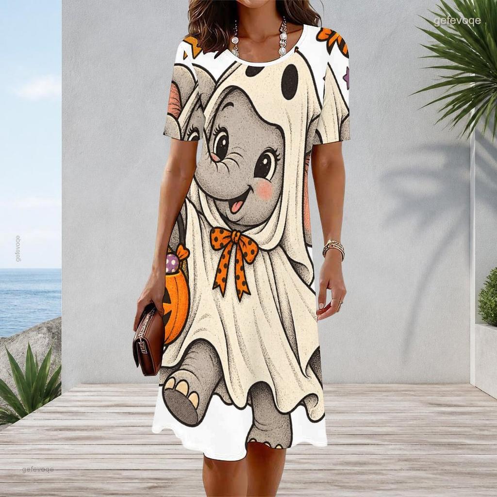 Women Plus Size Round Neck Short Sleeve Halloween Sloth Printed A Line Dress