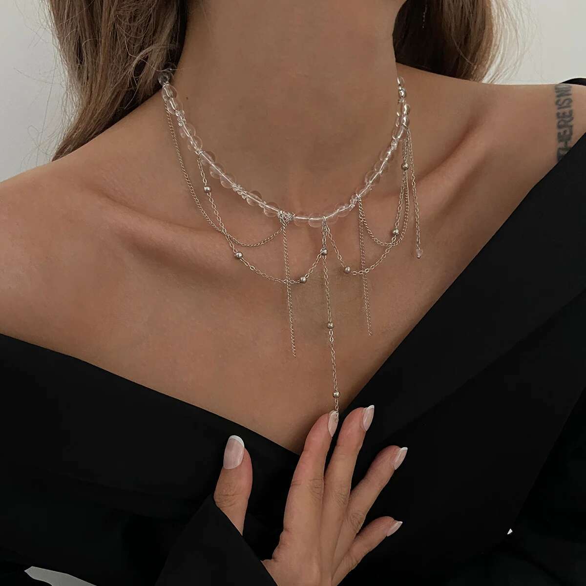 

PuRui Модное медное колье с тонкой цепочкой и перекрещивающимися элементами, женское, с акриловыми бусинами, длинной кисточкой-подвеской, простое, темпераментное, для банкета, новое