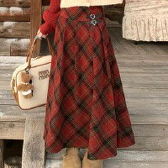

Plus Size Red Polo Collar Sweater & Plaid Skirt Set L