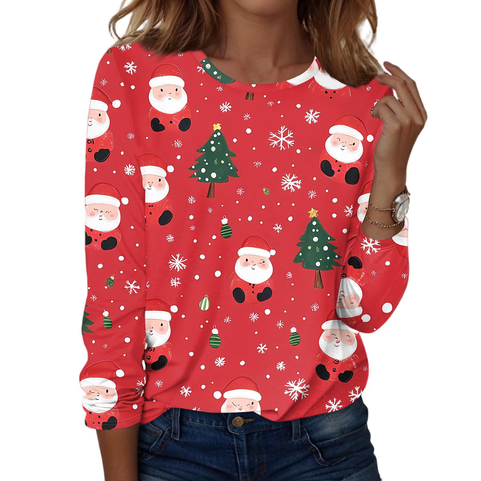 

Женская мода повседневный рождественский принт круглый вырез длинный рукав пуловер топ XXL белый