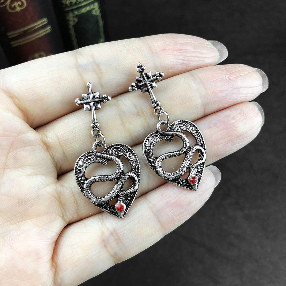 Style Dark Punk Gothic Vintage Ancient Silver Color Cross Hollow Heart-Shaped Snake Ear Stud Dangle Earrings