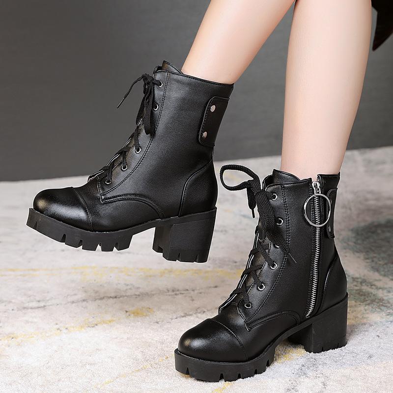 New European and American Autumn and Winter Women's Boots Retro Lace-up Roman Boots Short Martin Boots Thick High-heeled Shoe Size