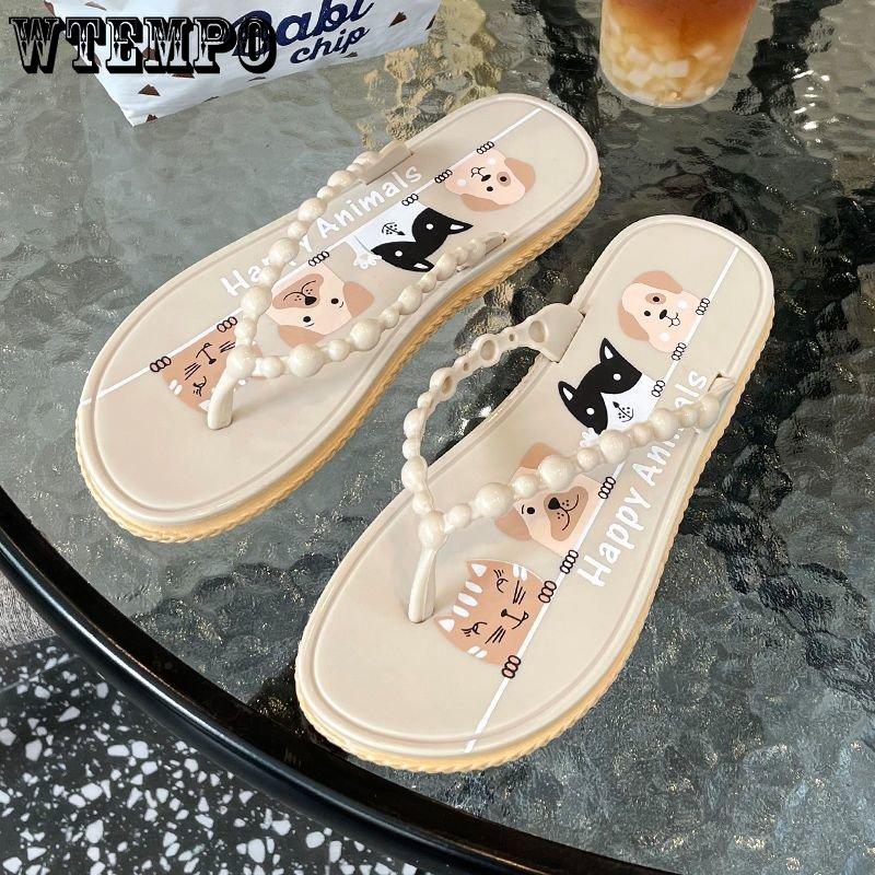

Женские шлепанцы, летние милые мультяшные тапочки, противоскользящие портативные тапочки на плоском каблуке с мягкой подошвой, уличные пляжные праздничные тапочки, сандалии