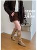 In-Stock Western Suede Cowboy Boots: Wide Shaft, Chunky Heel, Square Toe, Versatile, Wrinkled Slouch Design