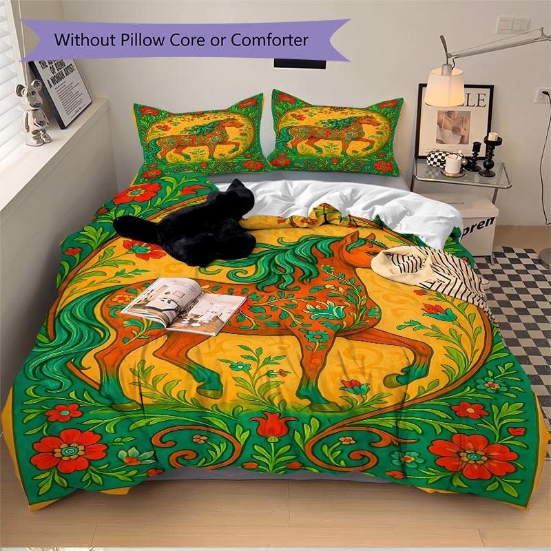3PCs Horse Artwork Design Cover Set, Breathable Fabric, Machine Washable (1 Duvet Cover + 2 Pillowcases) (Without Quilt) yy250911121