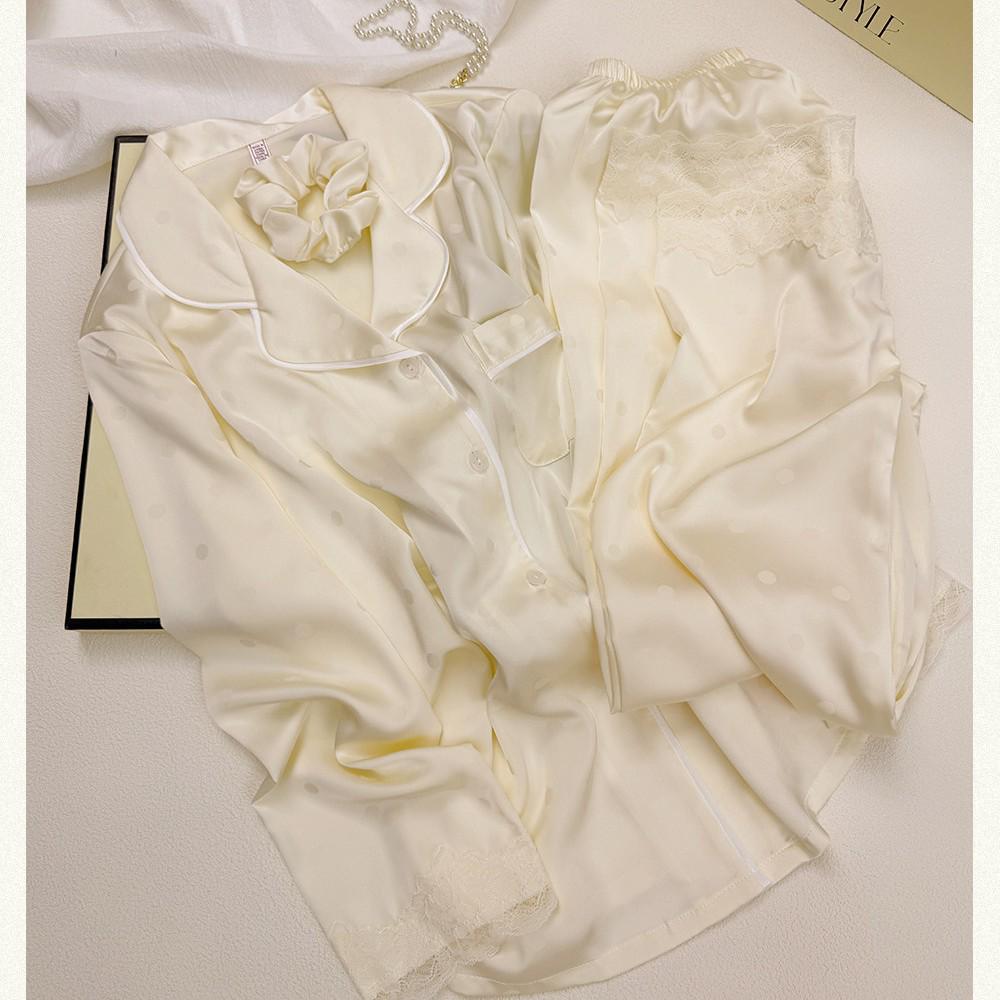 

Ice Silk Polka Dot Pajama Set for Women - Long Sleeve Lace Design Extra Large бежевий
