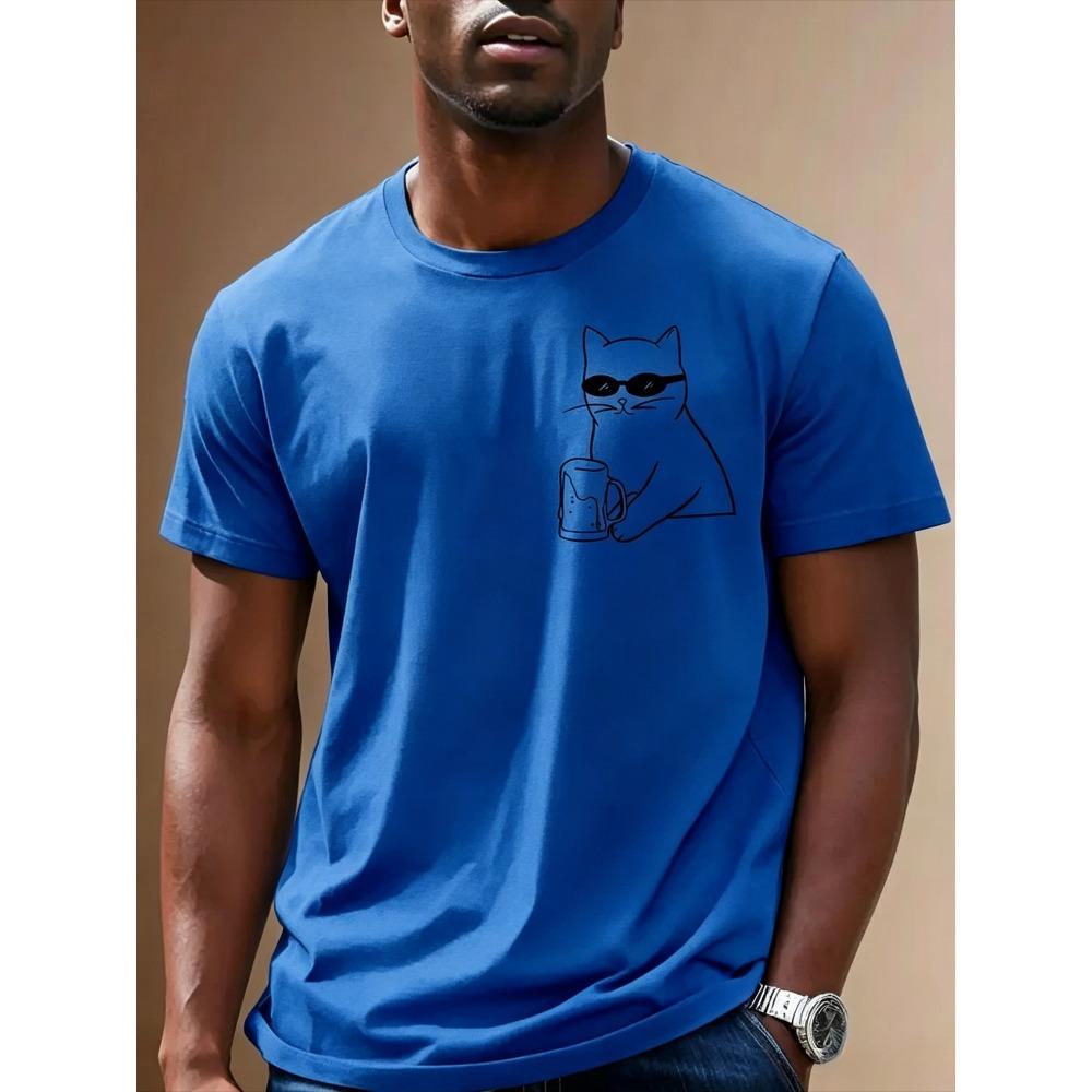 Minimally Drinking Cat Print Pattern Men Summer Cotton T-shirt Fashionable Comfortable Soft Breathable Casual Loose Versatile T-shirt