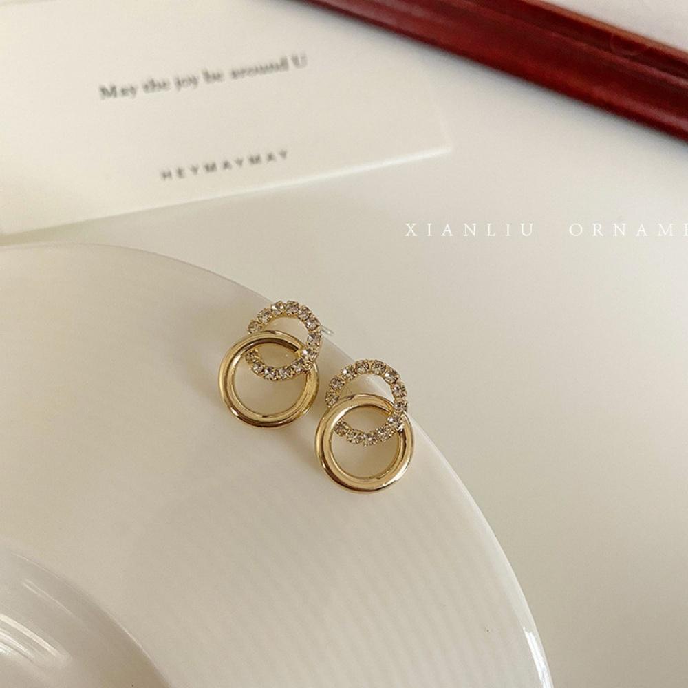 14K Gold Plated Double C Cross Shiny Zircon Earrings for Women Fashion Minimalist Hypoallergenic Round Earrings Jewelry Gift