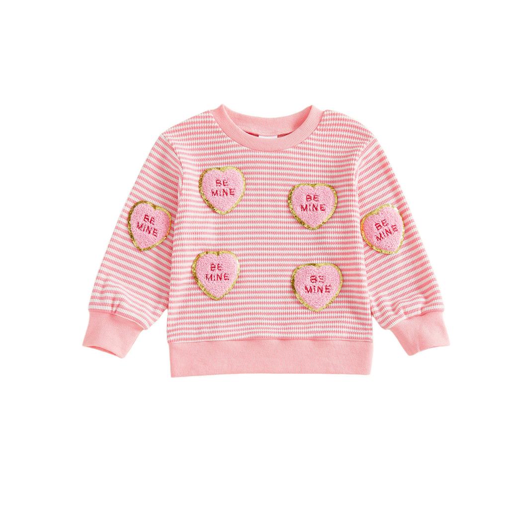 Kids Baby Girls Valentine's Day Sweatshirt Stripe Heart Embroidery Loose Fit Casual Crew Neck Long Sleeve Pullover