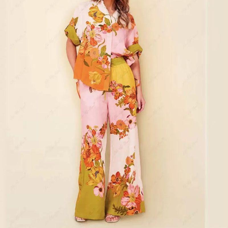 

Women s Clothing Fashion Florals Print Short Sleeve Color Matching Casual Tether Pants Suit Foundation Flowers S