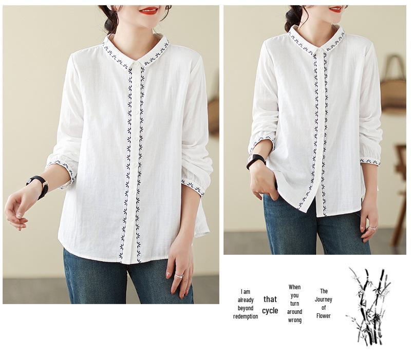Women's Artistic Retro Embroidered Cotton Linen Shirt - Loose Casual Top for Spring 2026 Arrival