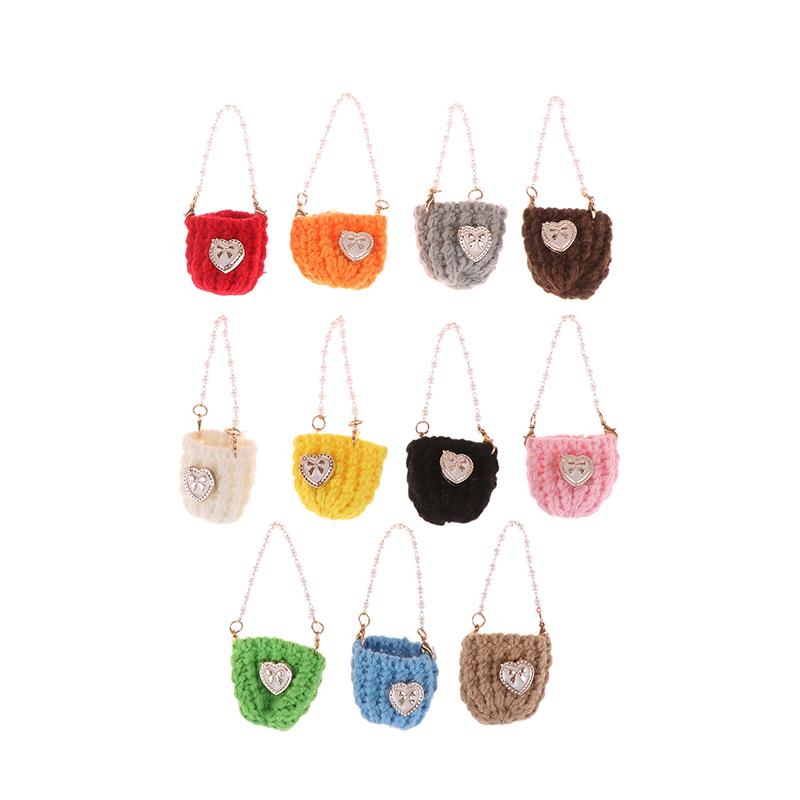 1/12 Doll Mini Knitted Shoulder Bag Pearl Chain Crossbody Bag Doll Dress Up Accessories For Dollhouse Decoration