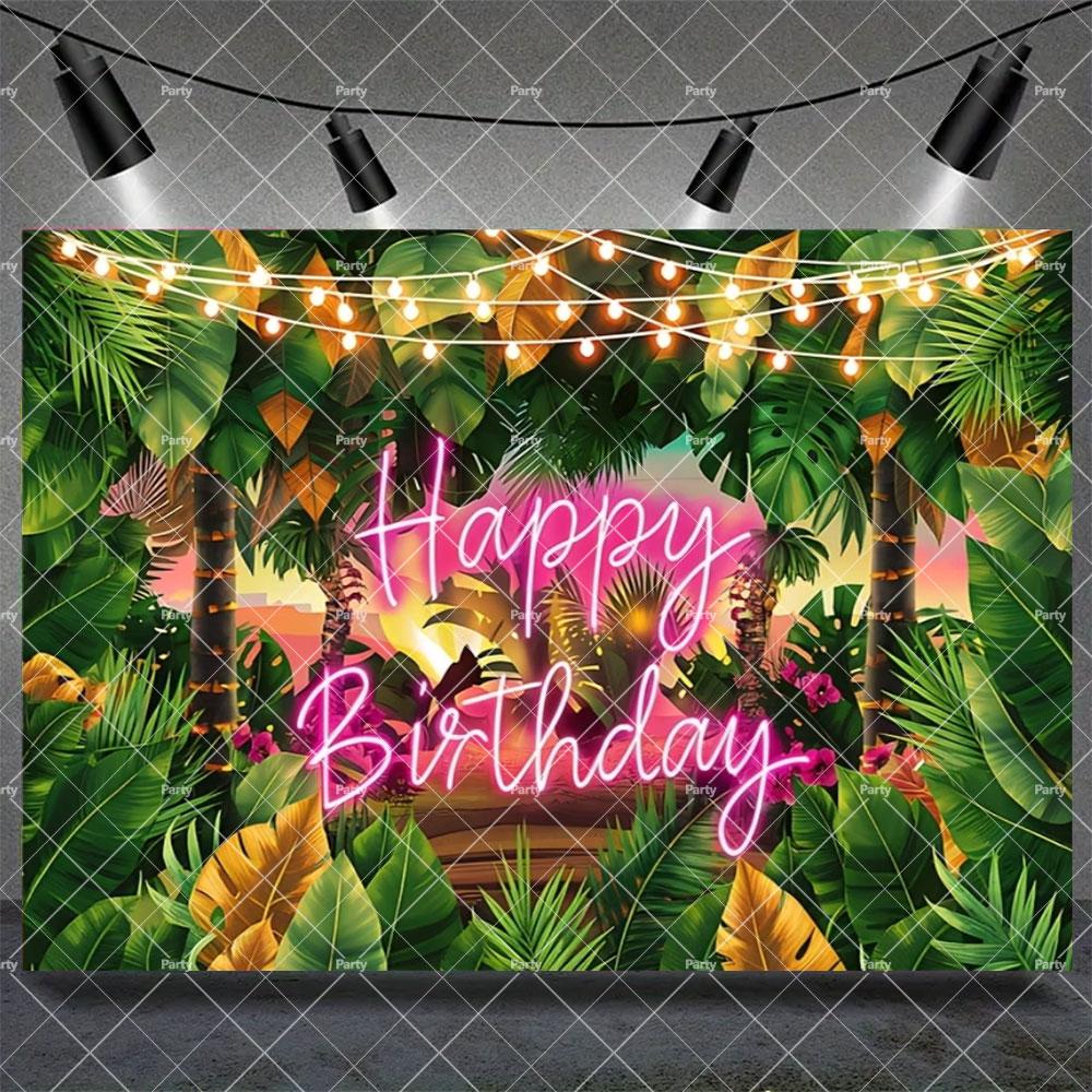 Hawaiian Tropical Summer Beach Background with Flamencos, Flowers, Aloha, Luau, Surfboard, for Parties, Photographic Studio Decoration