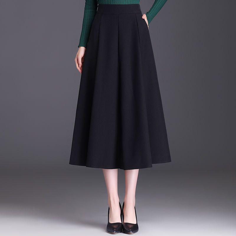 Autumn/Winter High-Waist A-Line Wool Skirt for Middle-Aged Women - Slimming Wide-Hem Pleated Skirt