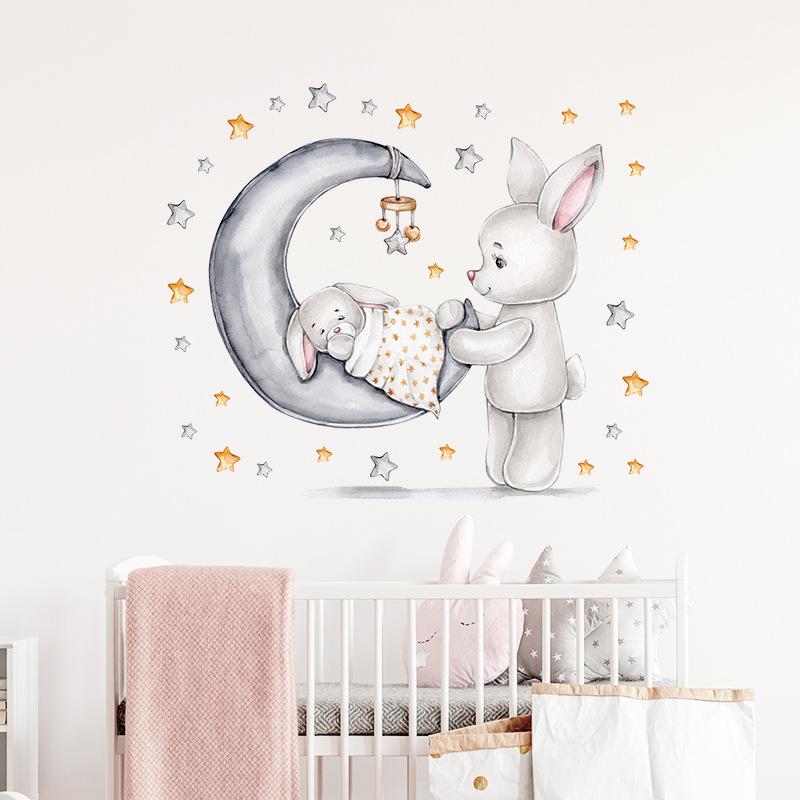 Sleeping Baby Bunny in Moon Cradle Wall Stickers, Cute Cartoon Self-Adhesive Decor for Kids Room Kindergarten Decoration