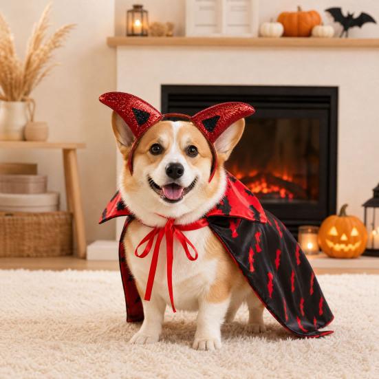 1 Set Gothic Devil Pet Clothes, Adjustable Devil Horn Headband Bat Print Cloak, Halloween Dog Devil Costume Set for Cats Dogs Party Outfit Cosplay