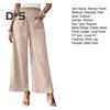 Women Summer Pants Elastic High Waist Casual Trousers with Pockets Solid Color Wrinkles Loose Fit Pants