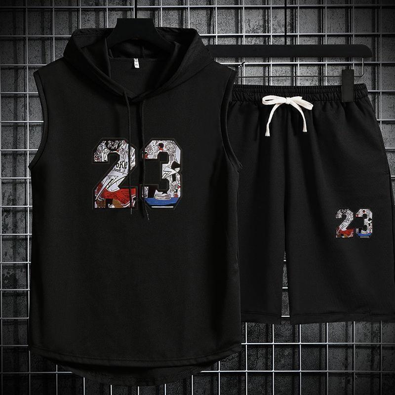 

Men s Summer Casual Sports Suits Sleeveless Hooded T-shirt+shorts Pants Plus Size Two-piece Set XS чёрный
