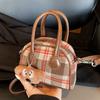 French Style Boston Shoulder Bag Cloth Women Handbags Trendy Woolen Plaid Bowling Bag  Girls