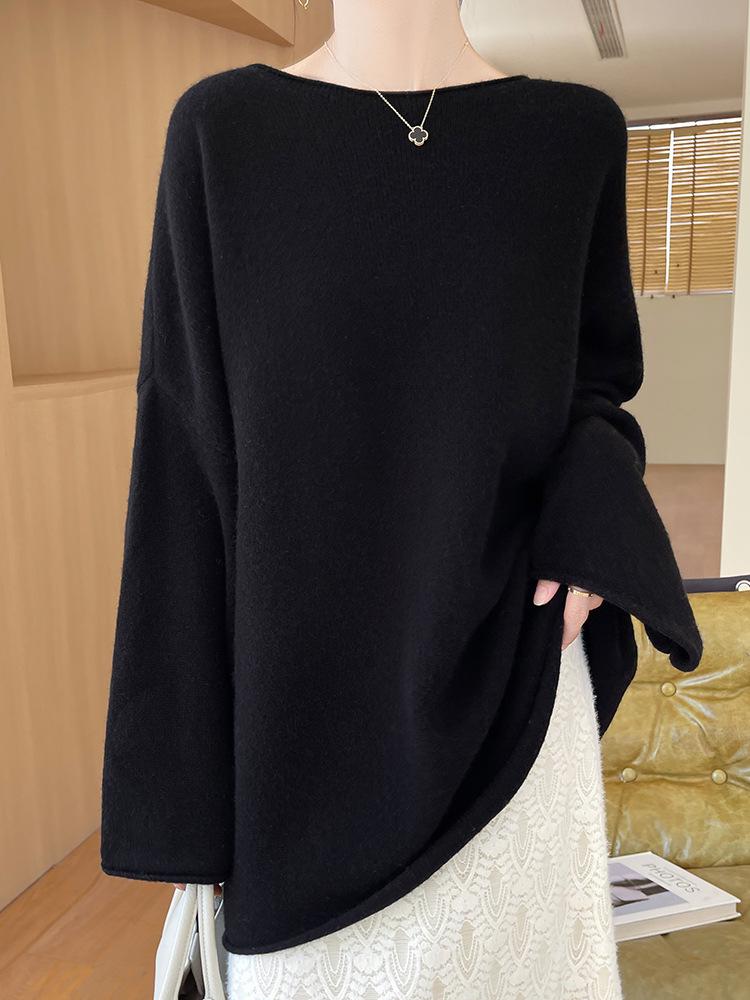 Women's Mid-Length Wool-Cashmere Sweater - 2025 Autumn/Winter Collection, Round Neck, Loose Fit, Knit Outerwear.