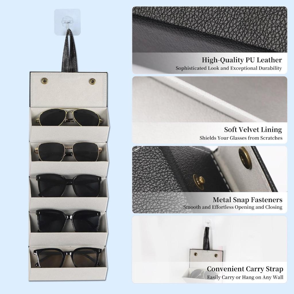 Multi-slot Foldable Sunglass Case, 5 Slots Portable PU Leather Eyewear Organizer, Hanging Travel Glasses Storage Holder Box