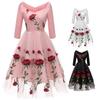 Women's Red Rose Embroided Midi Prom Dress Mesh Tulle 3/4 Sleeve Wedding Guest Bridesmaid Cocktail Evening Party Special Formal Occasion Outfit