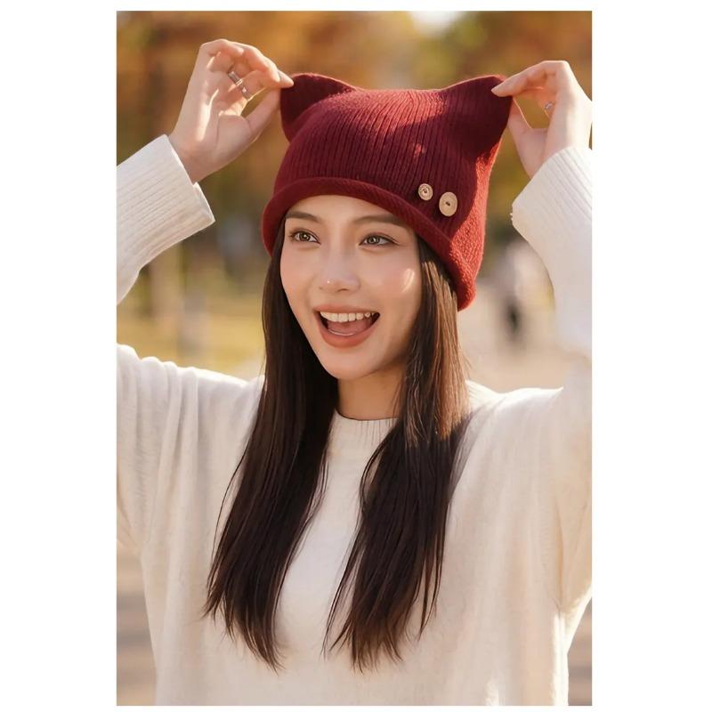 Japanese Sweet Style Cat Ear Button Beanie Knit Hat For Autumn Winter
