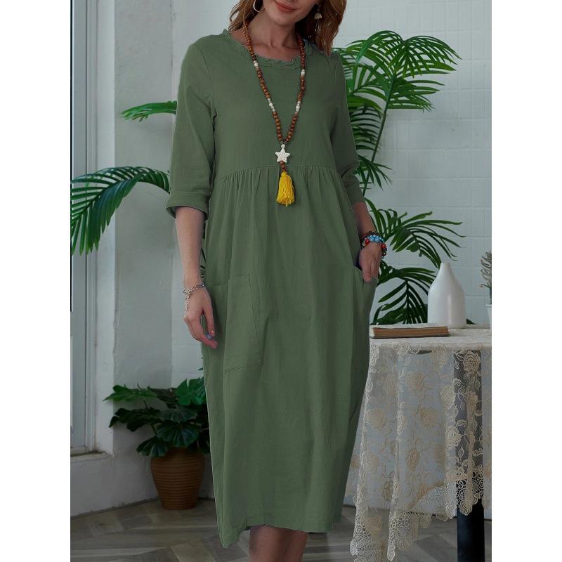 Women's Fashion Summer Spring Solid Color Print 1/2 Sleeves O-Neck High Waist Casual Dresses