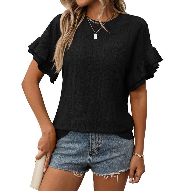 A New Summer Solid-color Round-neck Short-sleeved T-shirt with Lotus Leaf Sleeves for Women