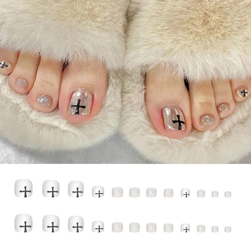 

24 шт., квадратные накладные ногти для девочек, короткие скрещенные ребра, накладные ногти на французском языке, полное покрытие