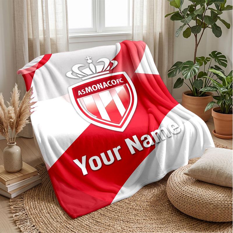 Monaco FC Custom Name Text Flannel Blanket Soccer Logo Personalized Fleece Throw Blanket Special Gift For Sofa Bedroom Home