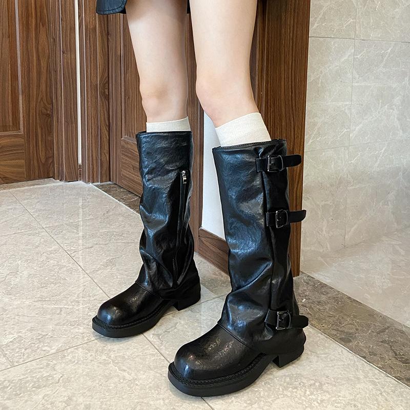 25-922 retro thick heel mid boots knight boots 2025 spring and autumn new thin pile small short boots niche women's shoes