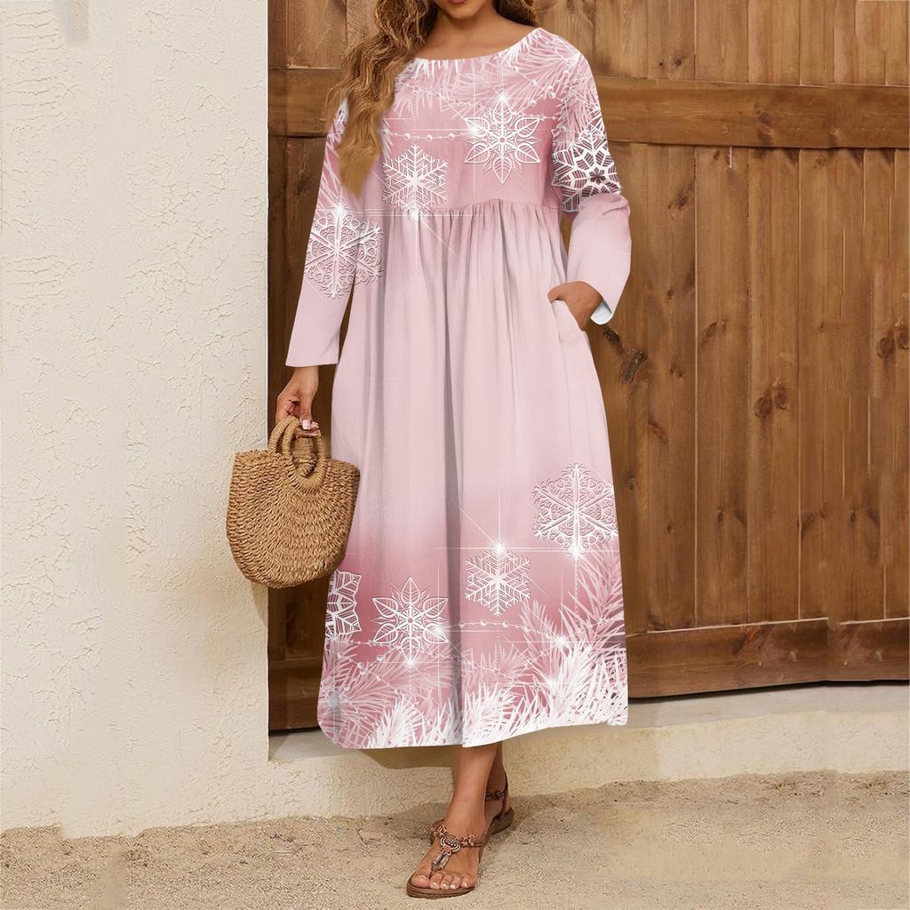 Rochie midi casual de damă cu gât rotund și imprimeu de Crăciun, cu mâneci lungi și buzunare