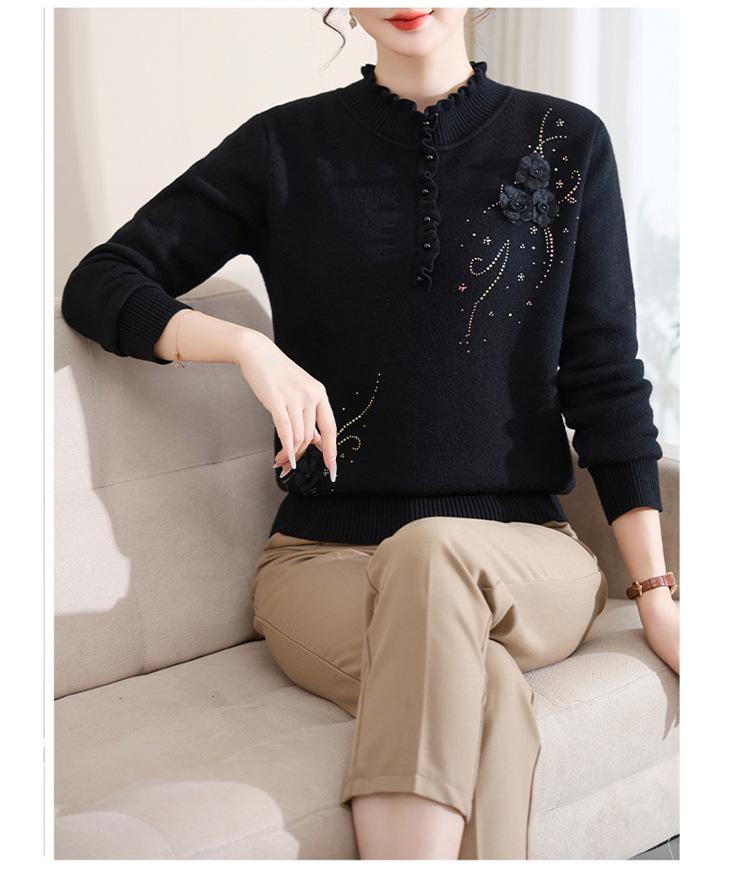 Women's Midlife Warm Knit Shirt with Wood Ear Collar, Plus Velvet Fleece, Winter Innerwear Sweater