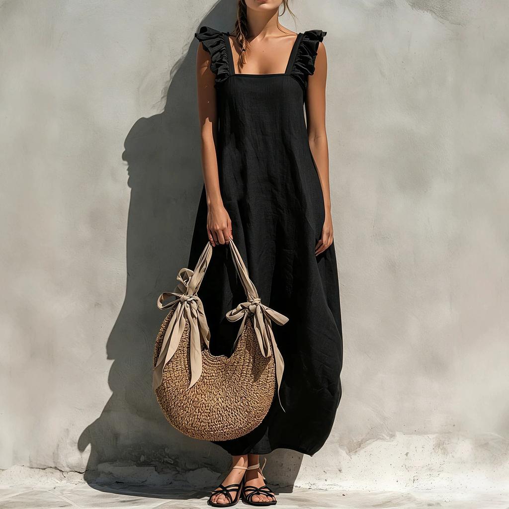 Sleeveless Square Neck Ruffle Strap Maxi Dress Loose Fit Casual Lightweight Summer Dress for Women Beachwear
