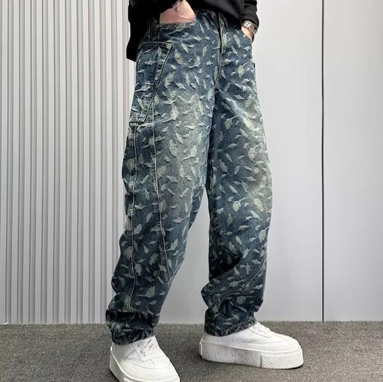 JYL Men's Jacquard Jeans Summer High-Street Trendy Loose Design Denim Pants
