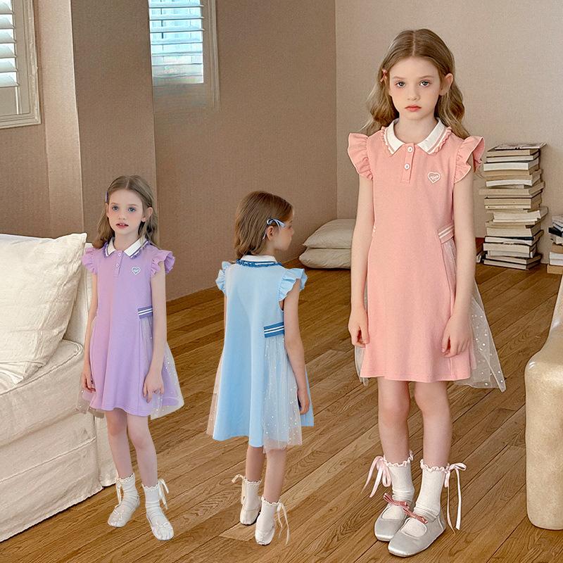 Mädchen Mode Prinzessinnenkleid 2025 Sommer Kinder Prinzessin Mesh Patchwork Polo Kragen Kleid