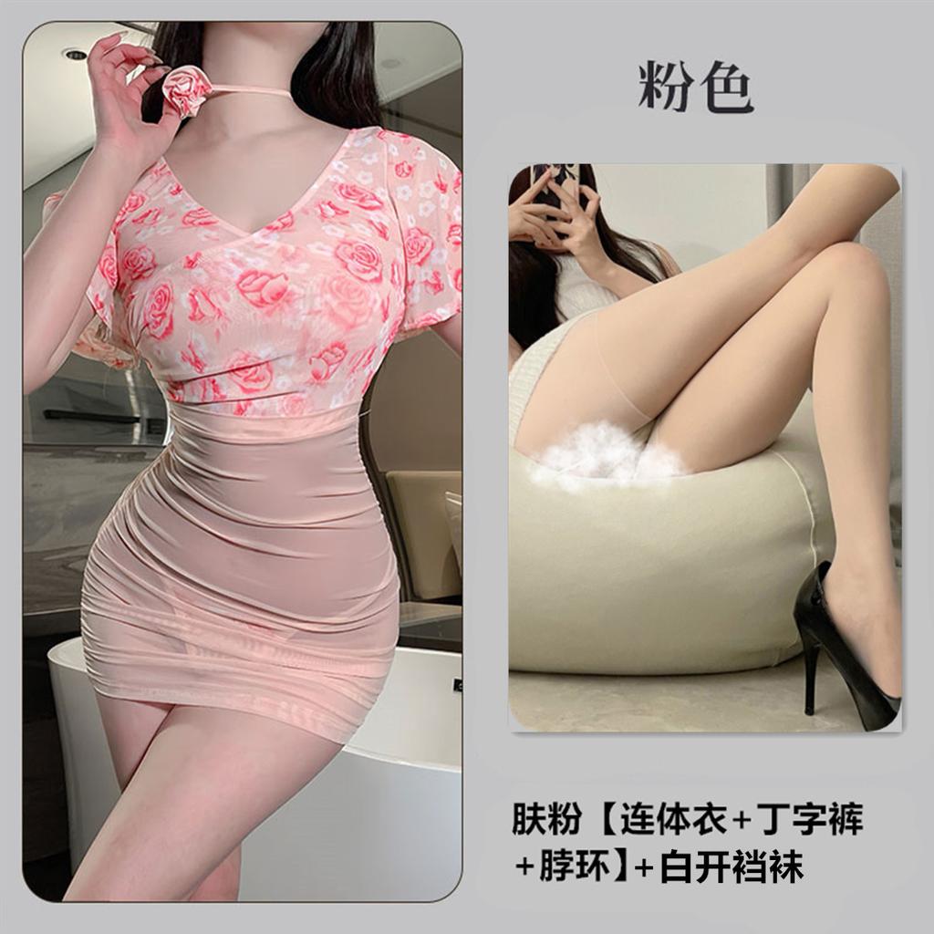 Sexy lingerie sexy perspective deep V floral rose gauze high waist hip skirt uniform 9
