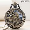 Vintage Steam Train Antique Chain Quartz Pocket Watch Round Skeleton Case Roman Numerals Locomotive Pendant