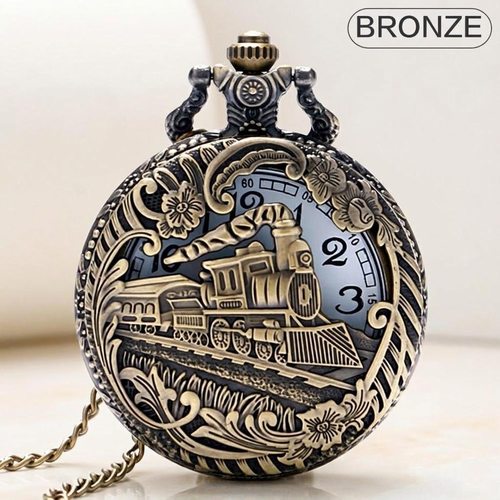 Vintage Steam Train Antique Chain Quartz Pocket Watch Round Skeleton Case Roman Numerals Locomotive Pendant