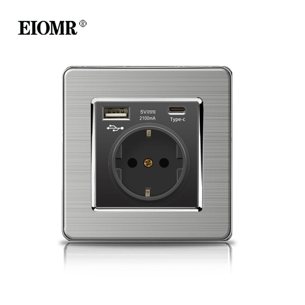 EIOMR 16A Black EU Standard Wall Sockets and Switches Stainless Steel Panel with Children Protective Door with USB Power Outlet