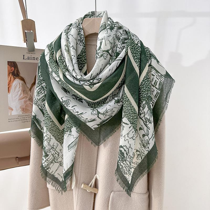 Niche retro plant flower printing square scarf high-end sense dismantling beard large square scarf autumn and winter fashion outer shawl