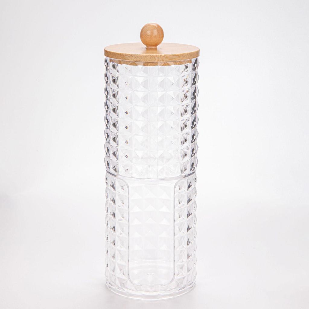 Suport transparent pentru bețișoare de bumbac cu model de diamant - capac din bambus, cutie rotundă portabilă pentru depozitarea cosmeticelor