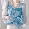 French Ruffled Blue Floral Chiffon Blouse Women's Spring Unique Super Cute Tie-Up Small Top