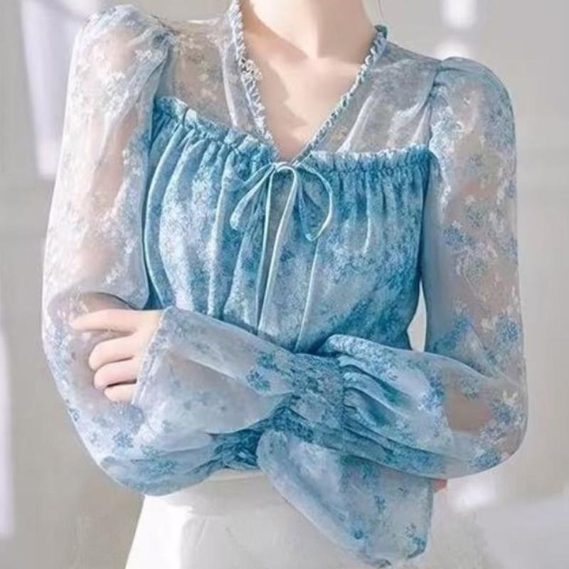 French Ruffled Blue Floral Chiffon Blouse Women's Spring Unique Super Cute Tie-Up Small Top
