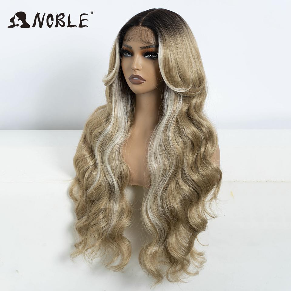 Noble Synthetic Lace Front Wigs For Women 30" Long Body Wave Lace Wig Ombre Brown Blonde Highlight Heat Resistant Cosplay Wigs