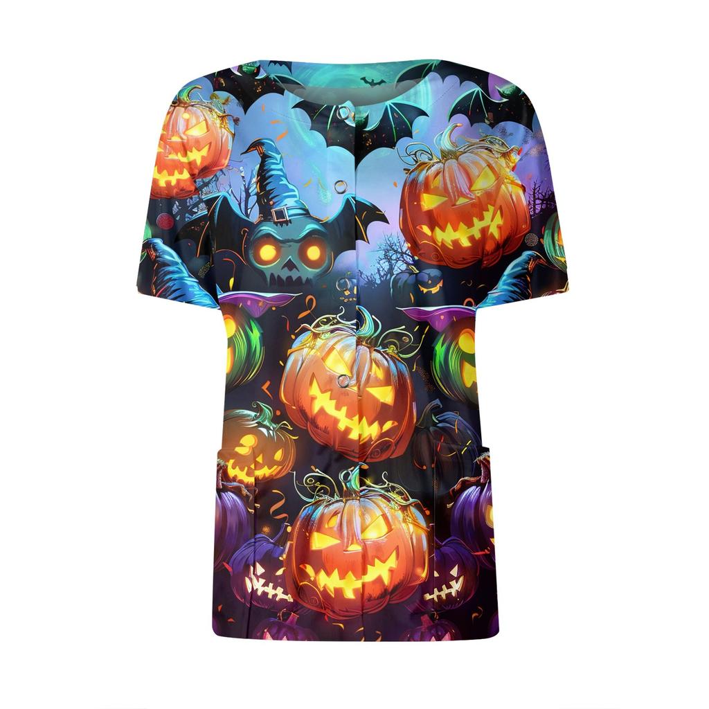 Women's Short Sleeved Patterned Pockets, Work Print Stand Up Collar, Single Breasted Protective Clothing, Cardigan Jacket, Top