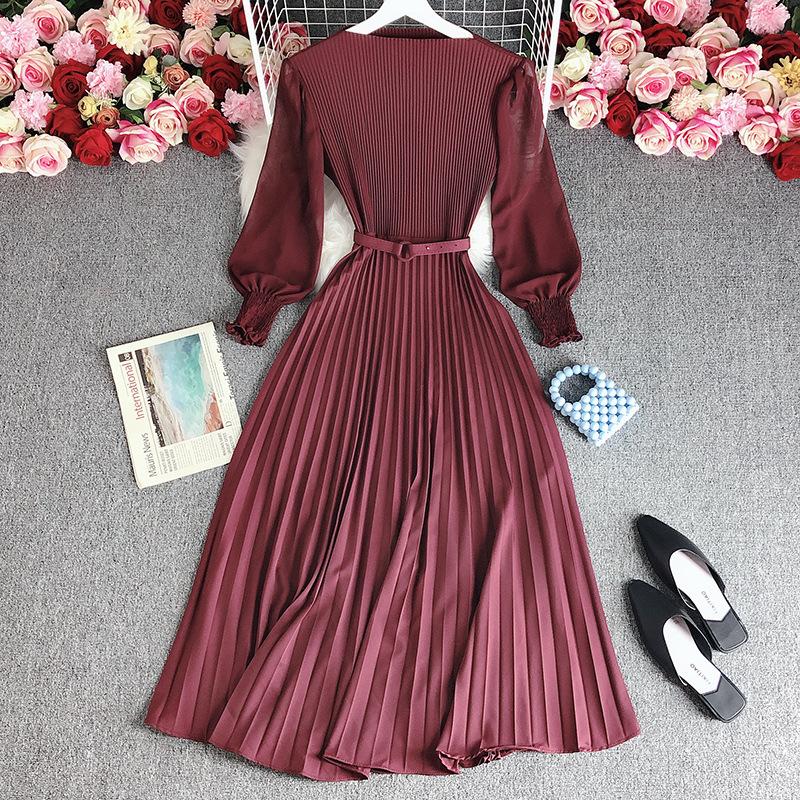 Spring Autumn Women Elegant Long Sleeve A-line Dress Office Lady High Waist Solid Pleated Dress