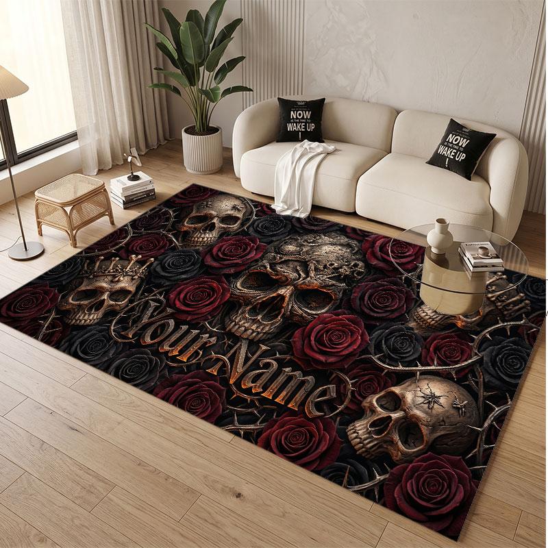Rose Floral Theme Soft Crystal Velvet Rug Custom Name & Text Print Non Slip Floor Rug for Bedroom Living Room