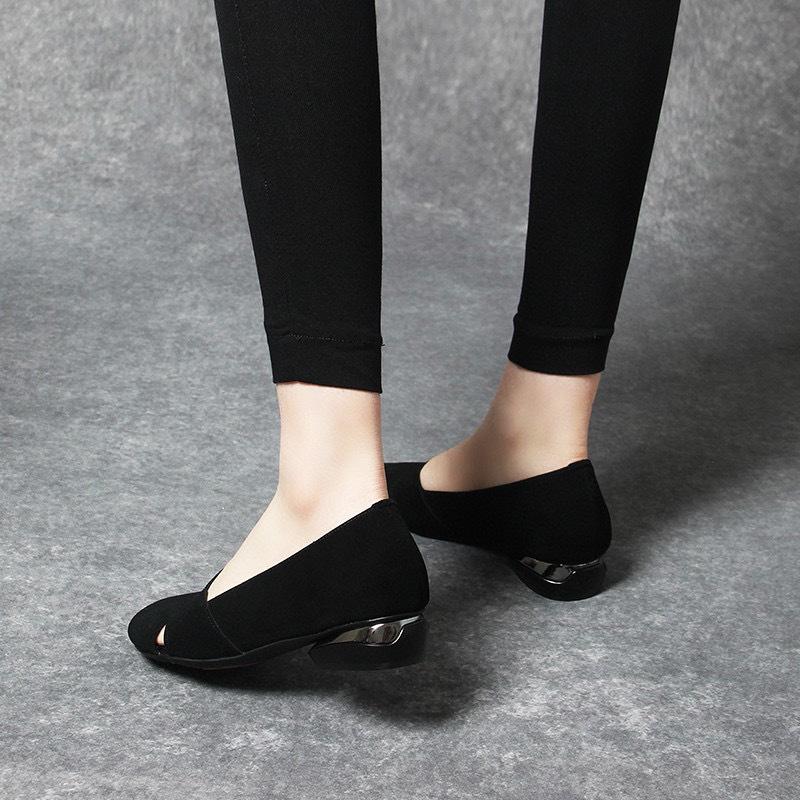 Flat Shoes Women's Spring New Round Head Shallow Mouth Hollow Single Shoes Black Sheepskin Low Heel Four-season Shoes